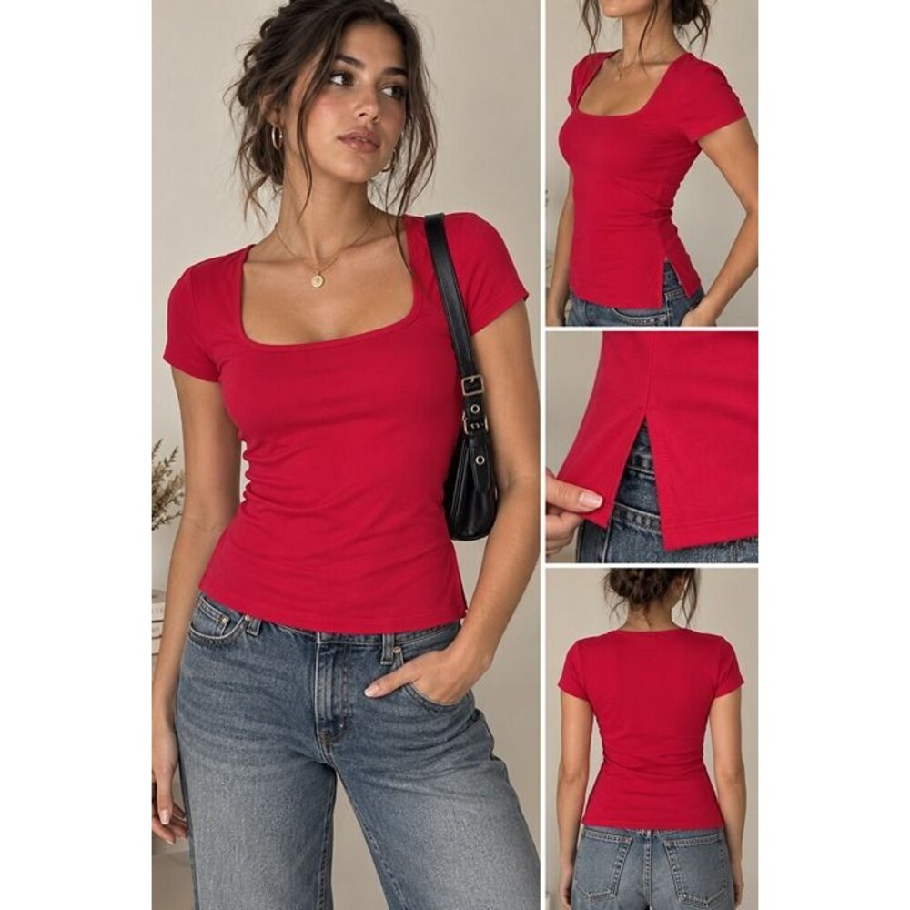 Cherry Red Square Neck Fitted Top Small Y2K Coquette Stretch Baby Tee Going Out